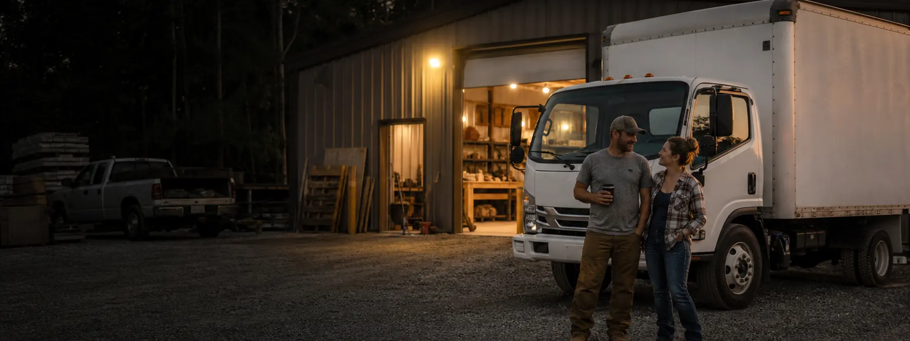 A small workshop at dawn with the roll-up door open and the owner standing at her workbench