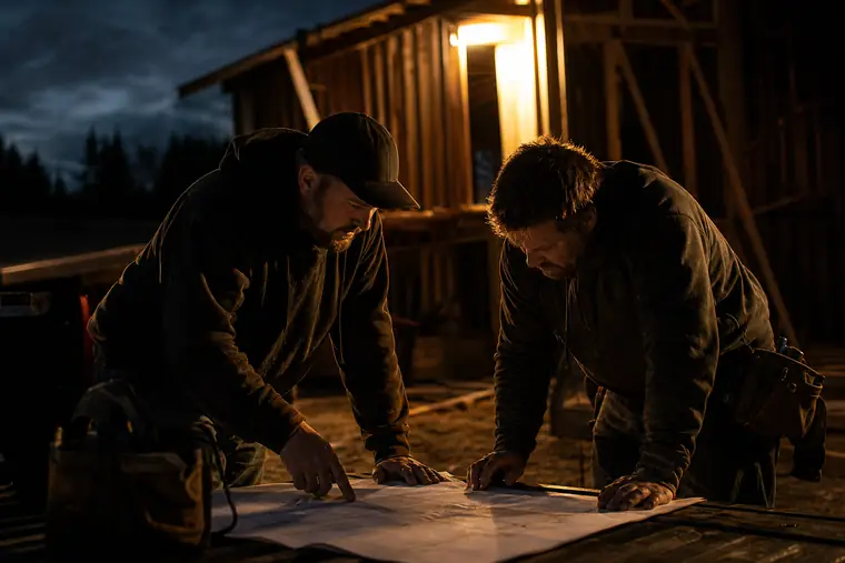 Two contractors reading drawings on a truck tailgate at a job site at dusk