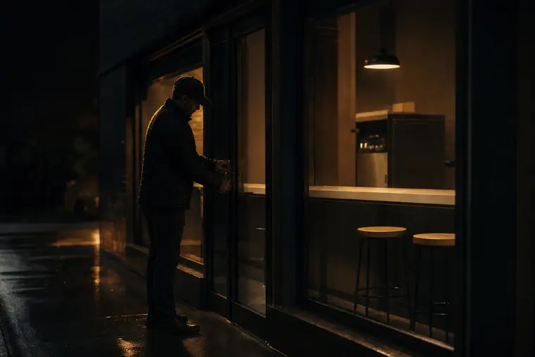 A franchise owner unlocking a quick-service counter before dawn