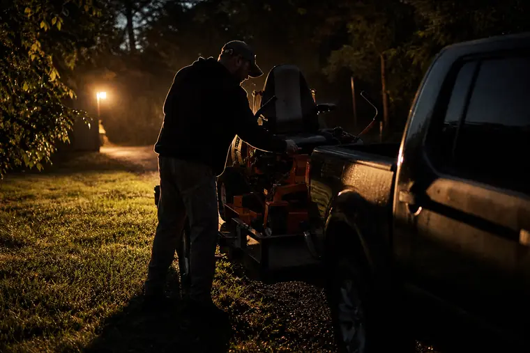 A landscaping owner loading a mower onto a trailer at first light