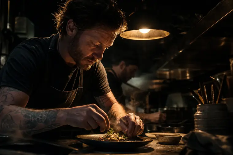 A chef-owner plating food in a small restaurant kitchen during service