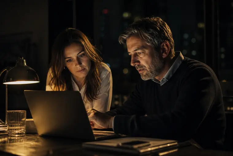 Two colleagues reviewing numbers on a laptop in an after-hours office