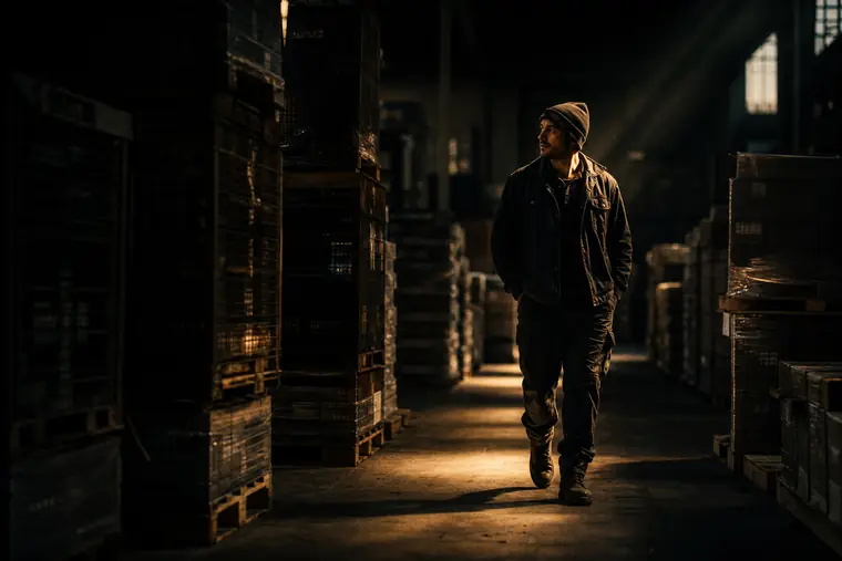 A warehouse aisle stacked with inventory lit by a single shaft of light