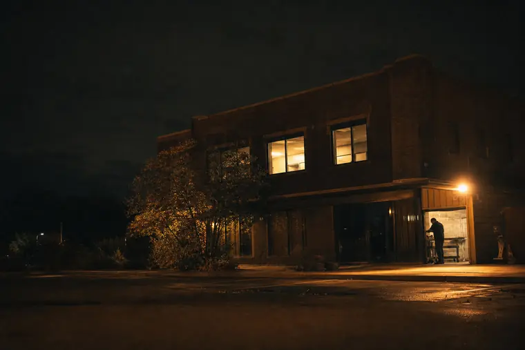 A two-story brick commercial building with lit windows at dusk