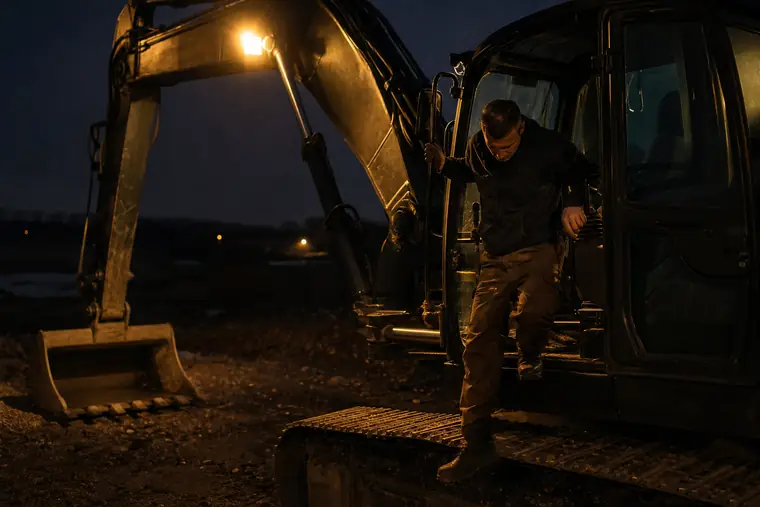 A new excavator in a yard at dusk with the operator climbing down