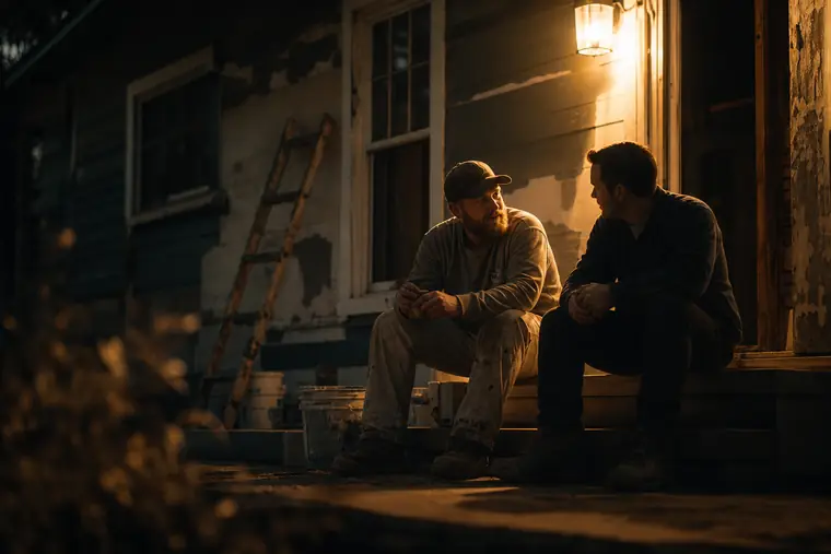 A contractor and investor on the porch steps of a house mid-renovation