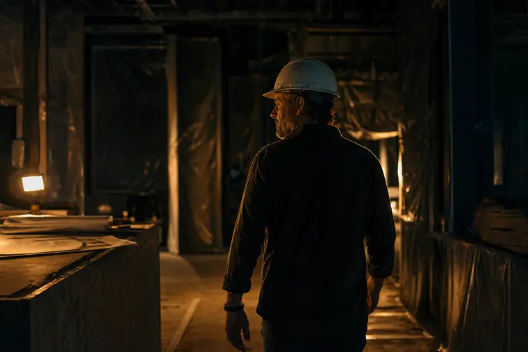 An owner in a hard hat walking through a half-built restaurant interior
